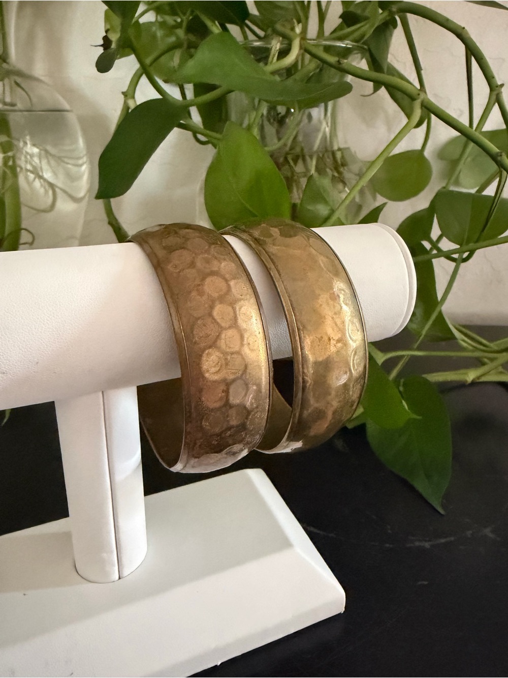 Vintage 60’s Byzantine Wide Hammered Brass Cuff Bangle Bracelet Set 2